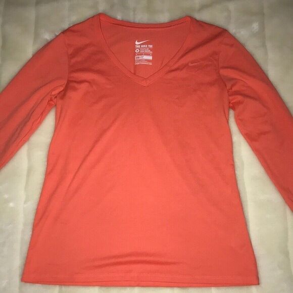 The Nike Tee Women's Orange Dri Fit Athletic Cut Long Sleeve T-Shirt Size Medium - Picture 2 of 6